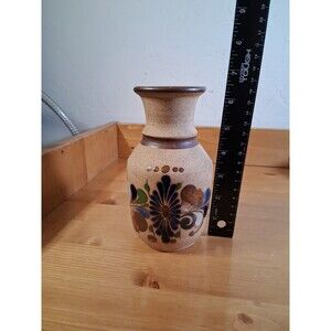 Tonala Pottery Vase Sand Texture Hand Painted 6.5" Floral Mexico Signed